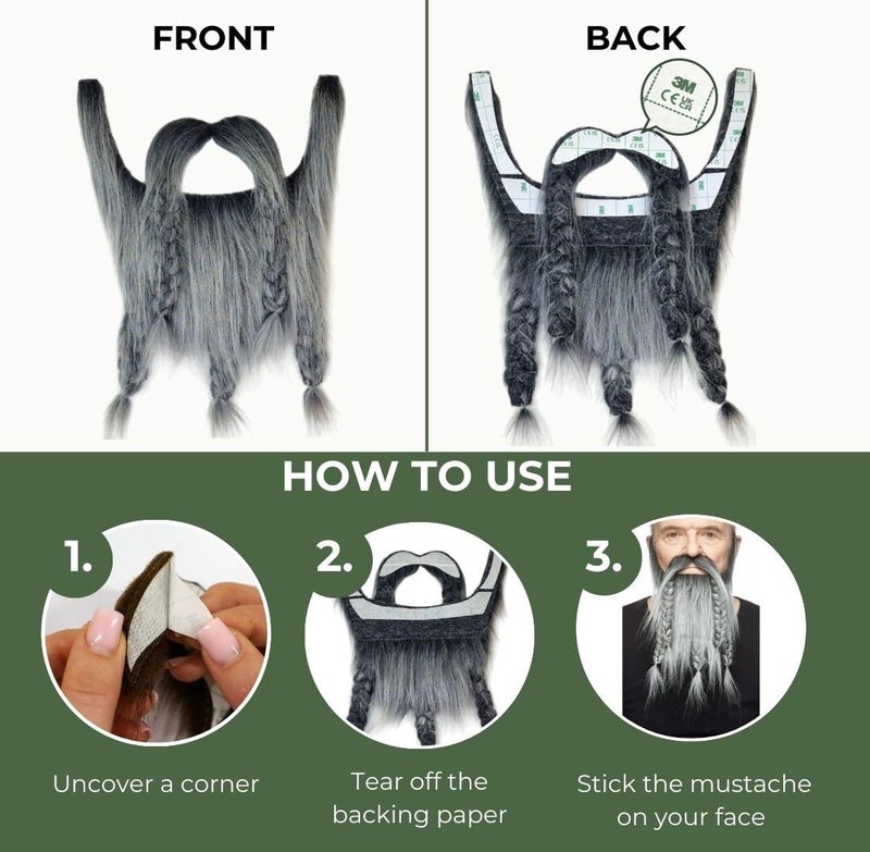 Mustaches Self Adhesive, Novelty, Viking Dwarf Fake Beard, False Facial Hair, Costume Accessory for Adults, Salt and Pepper Color - Image 4